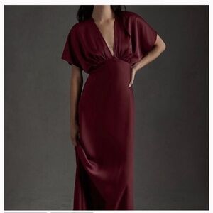 BHLDN Leila Deep-V Flutter-Sleeve Satin A-Line Gown